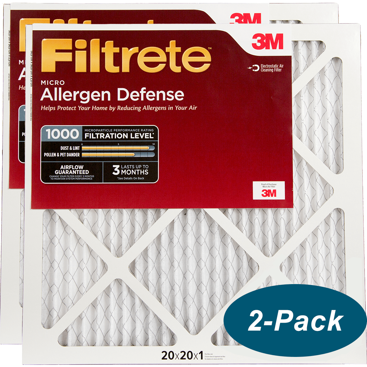 3M Filtrete 1-Inch Micro Allergen Defense MPR 1000 Air Filters 20x20x1 2-PACK