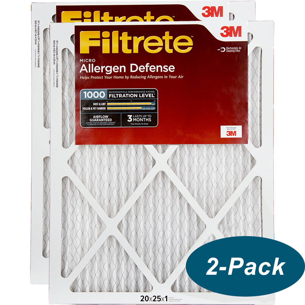 3M Filtrete 1-Inch Micro Allergen Defense MPR 1000 Air Filters 20x25x1 2-PACK
