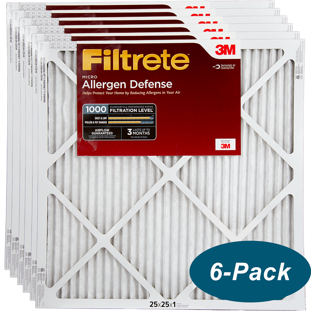3M Filtrete 1-Inch Micro Allergen Defense MPR 1000 Air Filters 25x25x1 6-PACK
