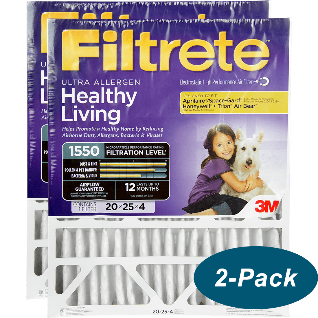 3M Filtrete Healthy Living 1550 MPR Ultra Allergen Reduction Filters 20x25x4 2-PK