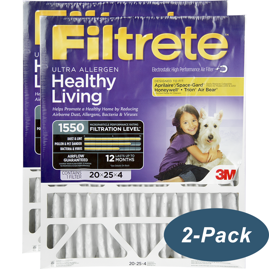 3M Filtrete Healthy Living 1550 MPR Ultra Allergen Reduction Filters 20x25x4 2-PK