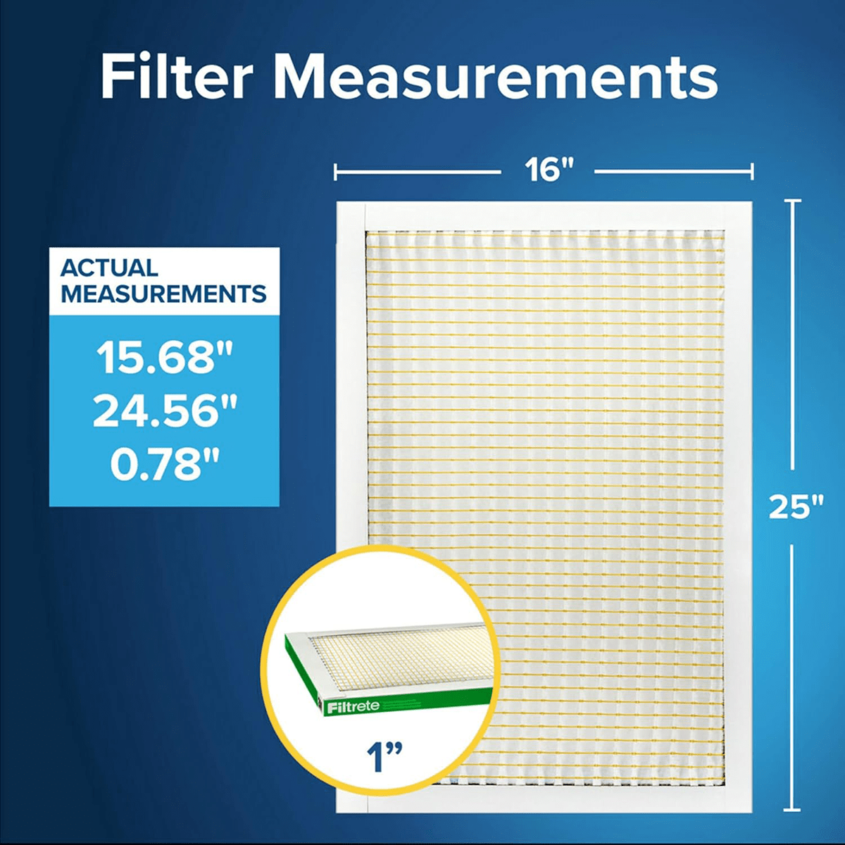 3M Filtrete MPR 700 1-inch Dust, Pollen and Pet Dander Filters 16x25x1 - Dimensions