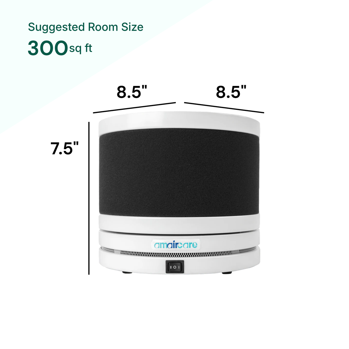 Air purifier with dimensions and suggested room size on a white background