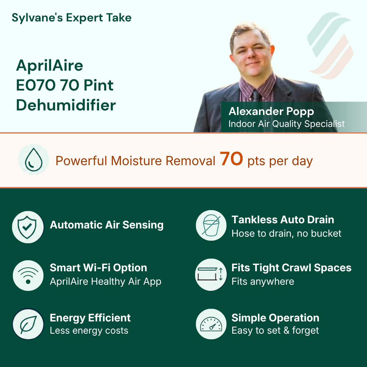 Infographic for the AprilAire E070 70 Pint Dehumidifier by Sylvane's Expert Take, featuring a photo of indoor air quality specialist Alexander Popp and a list of product features on a dark green background.