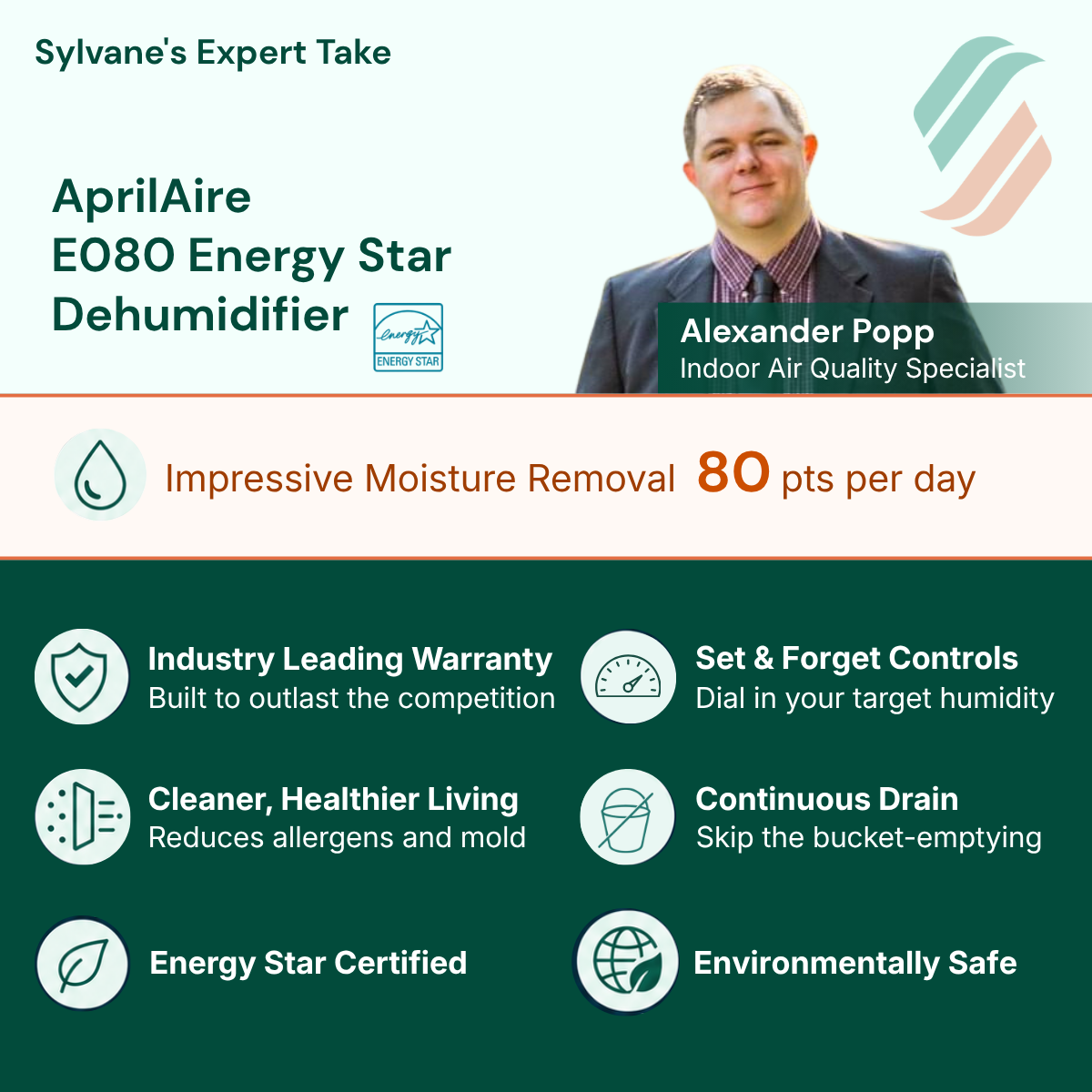 AprilAire EO80 Energy Star Dehumidifier with features listed for
Powerful Moisture Removal — 80 pts per day
Industry Leading Warranty / Built to outlast the competition · Built-In Condensate Pump · Cleaner, Healthier Living / Reduces allergens and mold
Set & Forget Controls / Dial in your target humidity
Continuous Drain / Skip the bucket-emptying