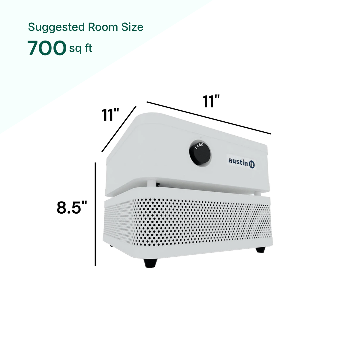 White air purifier with dimensions labeled on a white background
