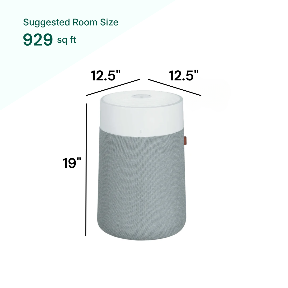 Gray cylindrical product with dimensions and suggested room size on a white background