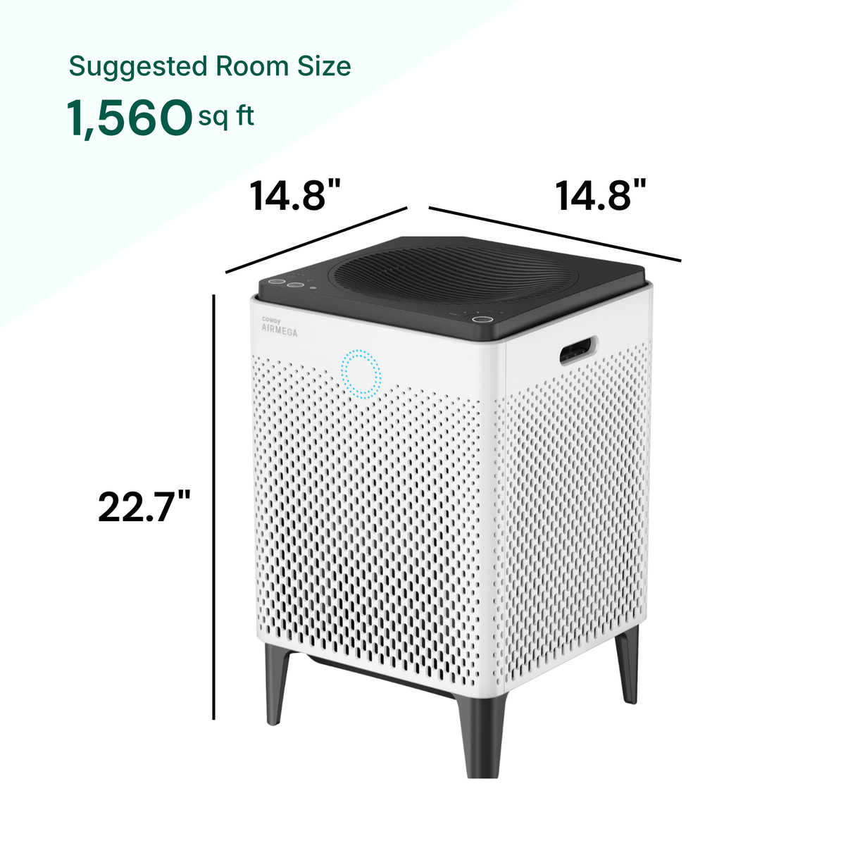 Air purifier with dimensions labeled on a white background