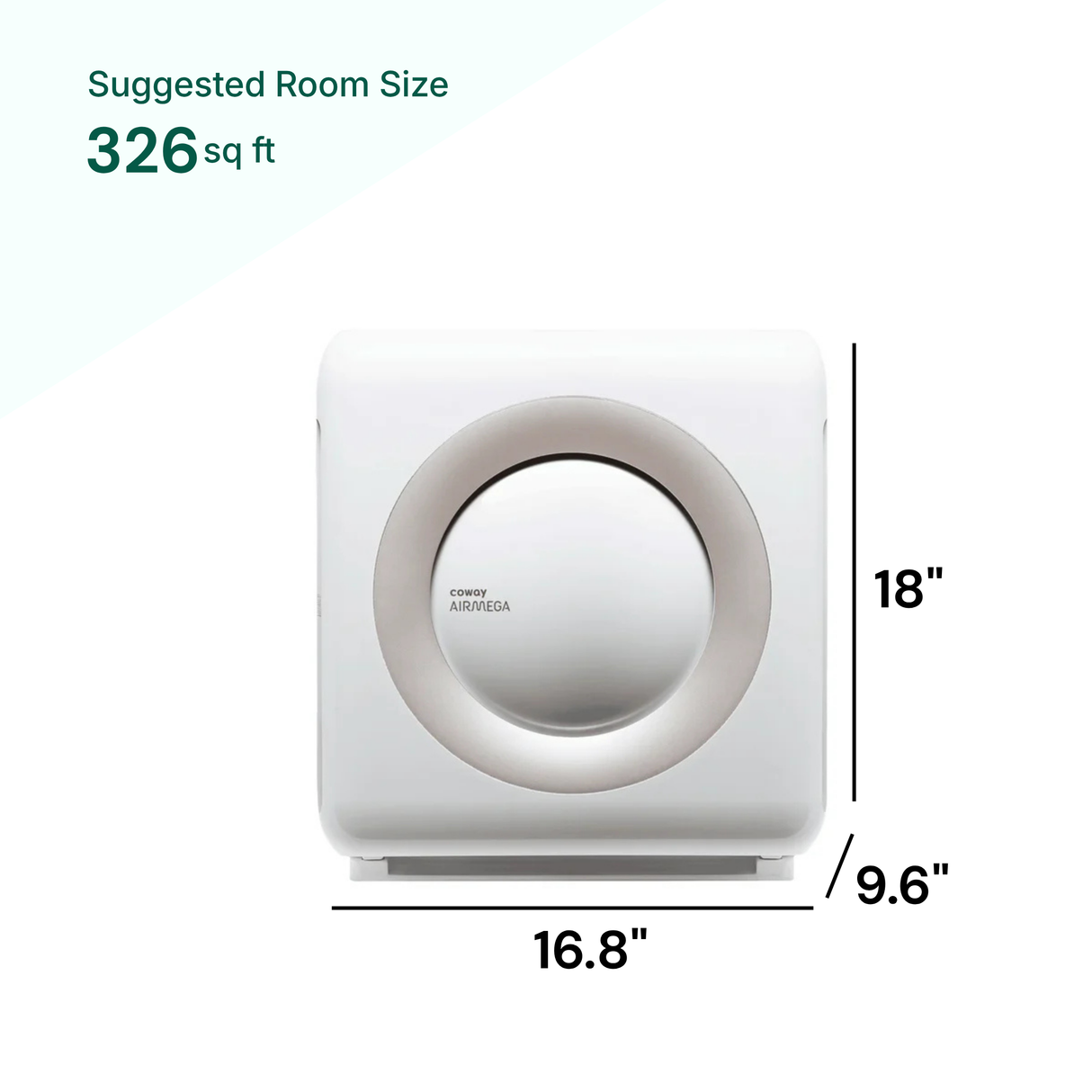 Air purifier with dimensions and suggested room size on a white background