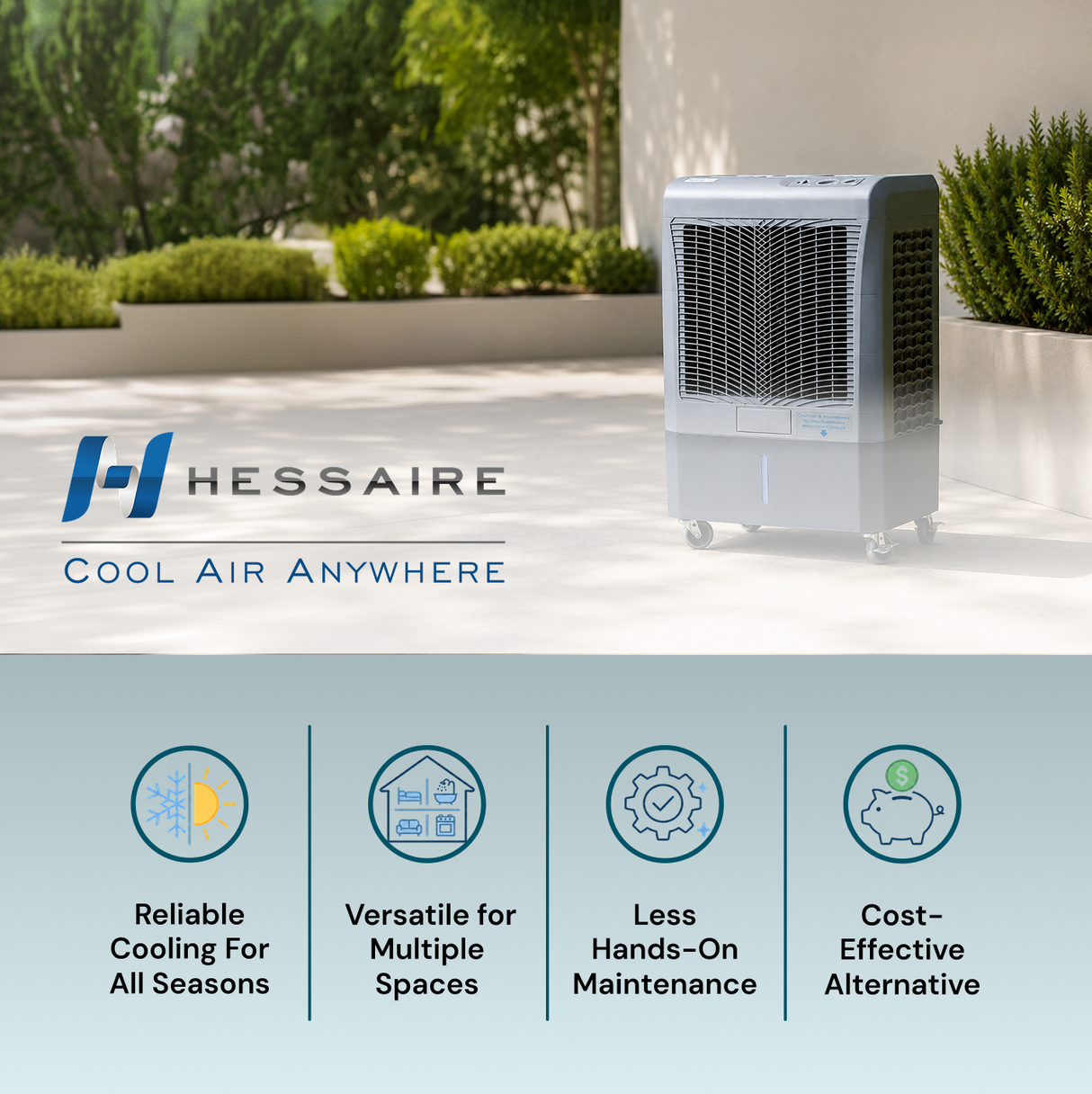 A HESSAIRE portable swamp cooler with wheels, set against a blurred outdoor patio background. The image includes marketing text and feature icons at the bottom for reliable cooling in all seasons, versatile use, less hands on maintenance and cost effectiveness.