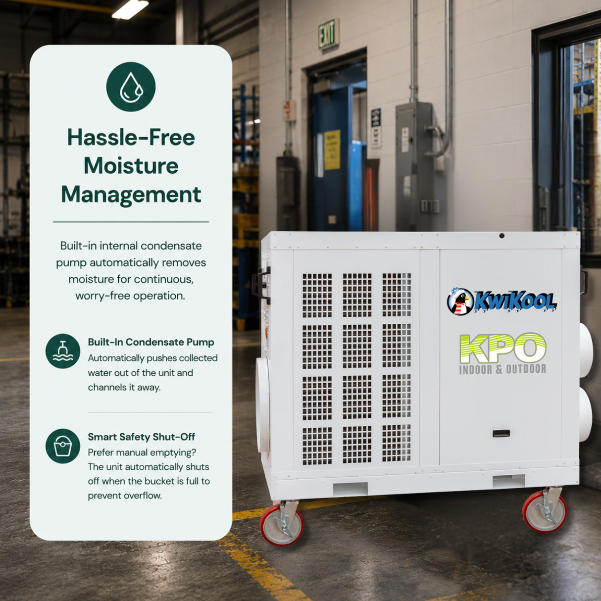 KwiKool 135,000 BTU 440-460V Indoor/Outdoor Commercial Portable AC on red wheels, shown in a warehouse setting next to a white informational panel explaining features like Hassle-Free Moisture Management and a built-in condensate pump.