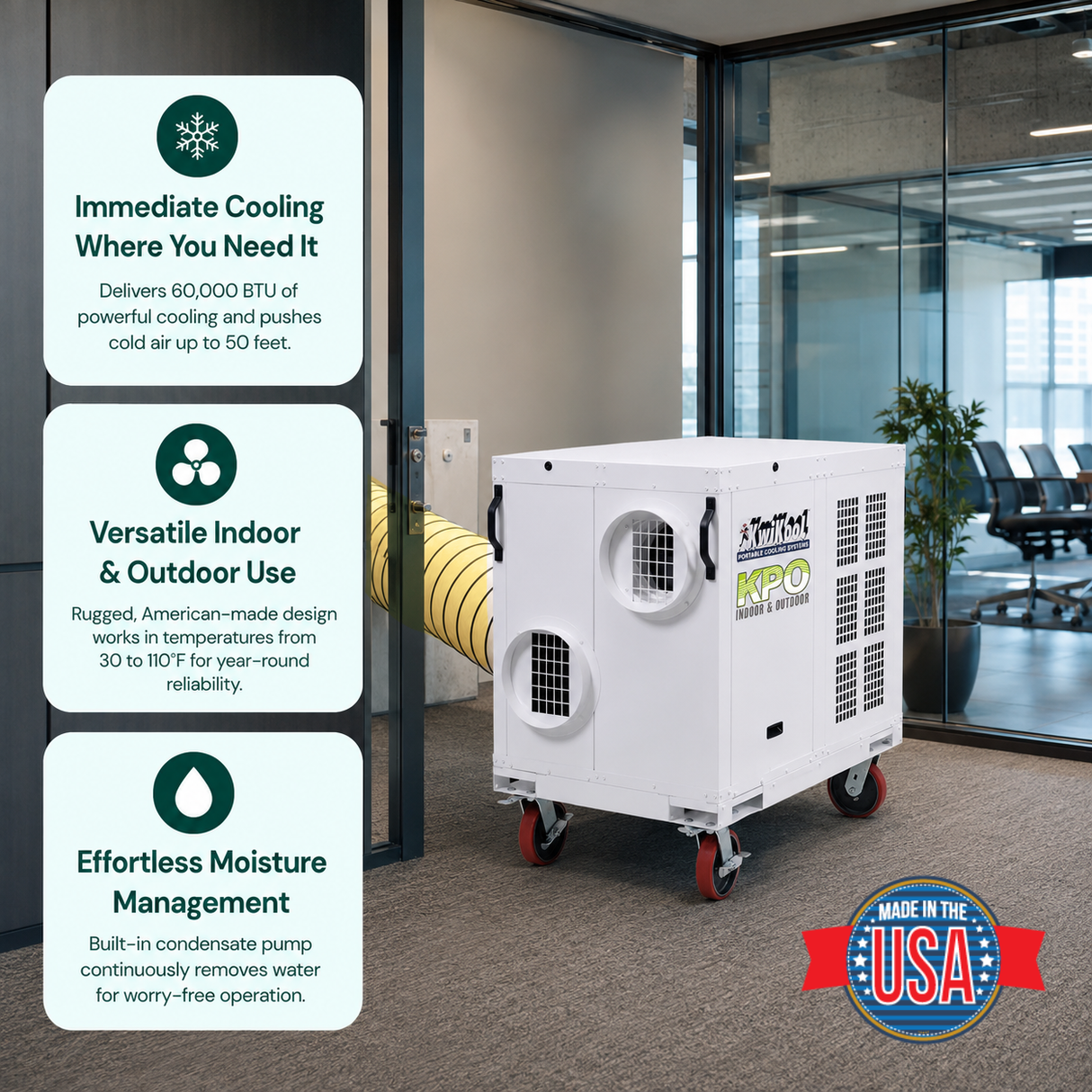 KwiKool 60,000 BTU 230V Indoor shown inside a modern office space. Three white feature callout panels on the left describe immediate cooling, indoor/outdoor versatility, and moisture management.