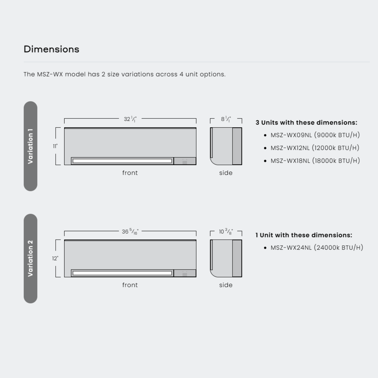 A dimensions diagram showing two air conditioner wall-mount unit options, labeled Variation 1 and Variation 2, with front and side views and bullet-point specifications for each.