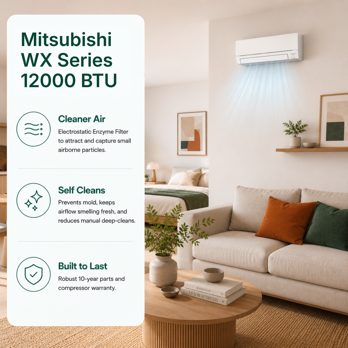 A promotional graphic for a Mitsubishi WX Series 12000 BTU air conditioner, showing a white indoor wall-mounted AC in a modern living room with a sofa, pillows, and a coffee table. A large white text panel on the left lists product benefits: cleaner air, self-cleaning, and built to last.