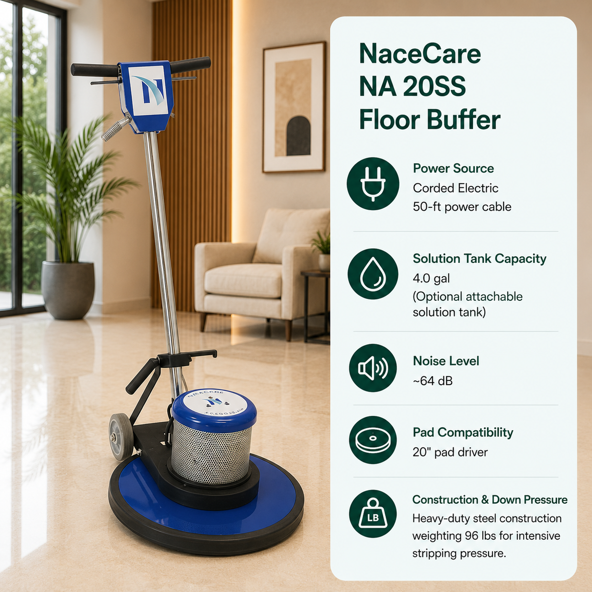 NaceCare NA 20SS Floor Buffer features 20" pad driver. Heavy-duty steel construction weighting 96 lbs for intensive stripping pressure.