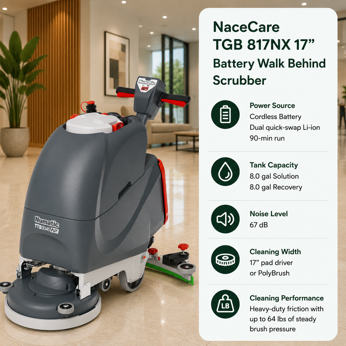 NaceCare TGB 817NX 17" Battery Walk Behind Scrubber shown in a bright indoor showroom, with a large white information panel on the right listing features and specs.