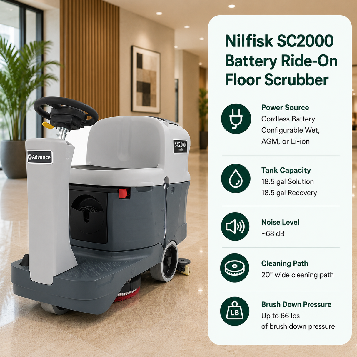 Nilfisk SC2000 Battery Ride-On Floor Scrubber features Cordless Battery (Configurable Wet, AGM, or Li-ion), 18.5 gal (Solution) / 18.5 gal (Recovery), ~68 dB, 20" wide cleaning path. Heavy duty micro-rider platform yielding up to 66 lbs of brush down pressure.