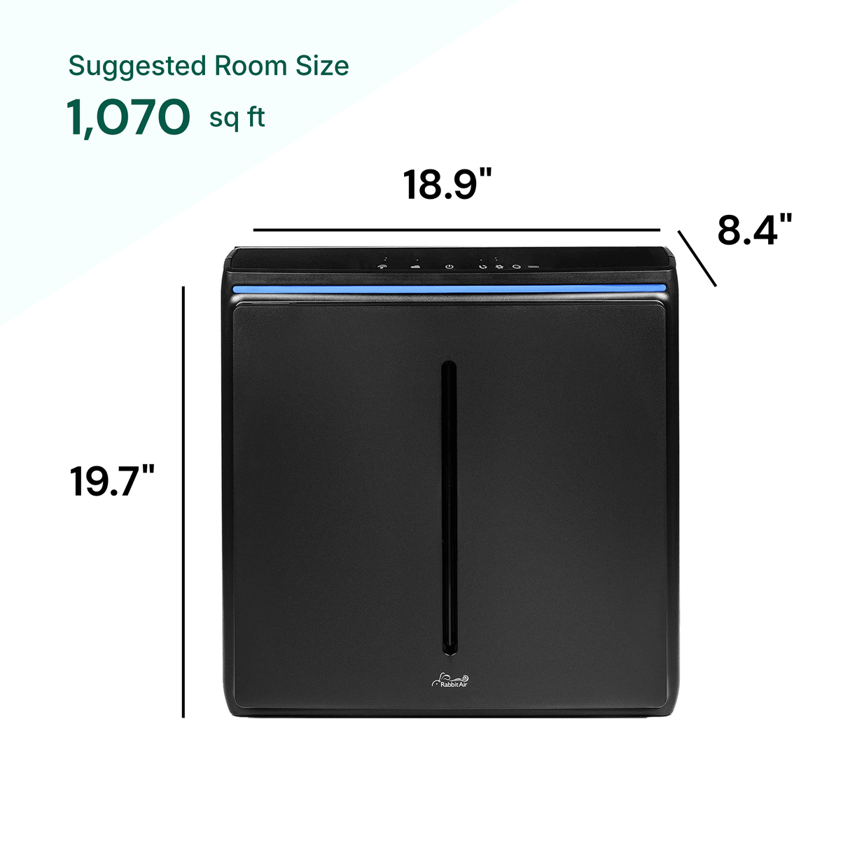 Black air purifier with dimensions labeled on a white background