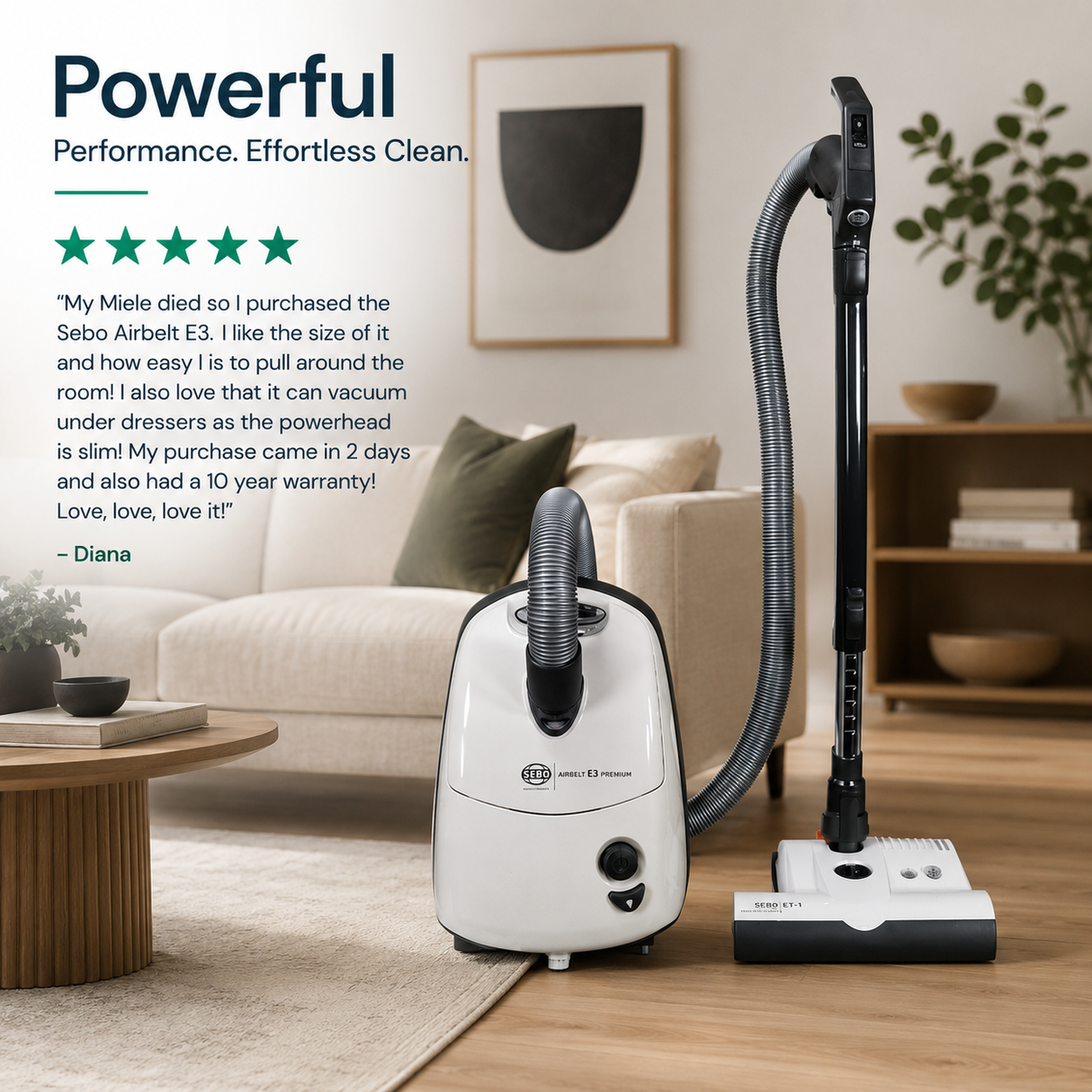A white and black SEBO Airbelt E3 upright vacuum cleaner shown in a bright, modern living room setting next to a beige sofa and wooden floor. The image includes promotional text and 5 star review on the left side.
