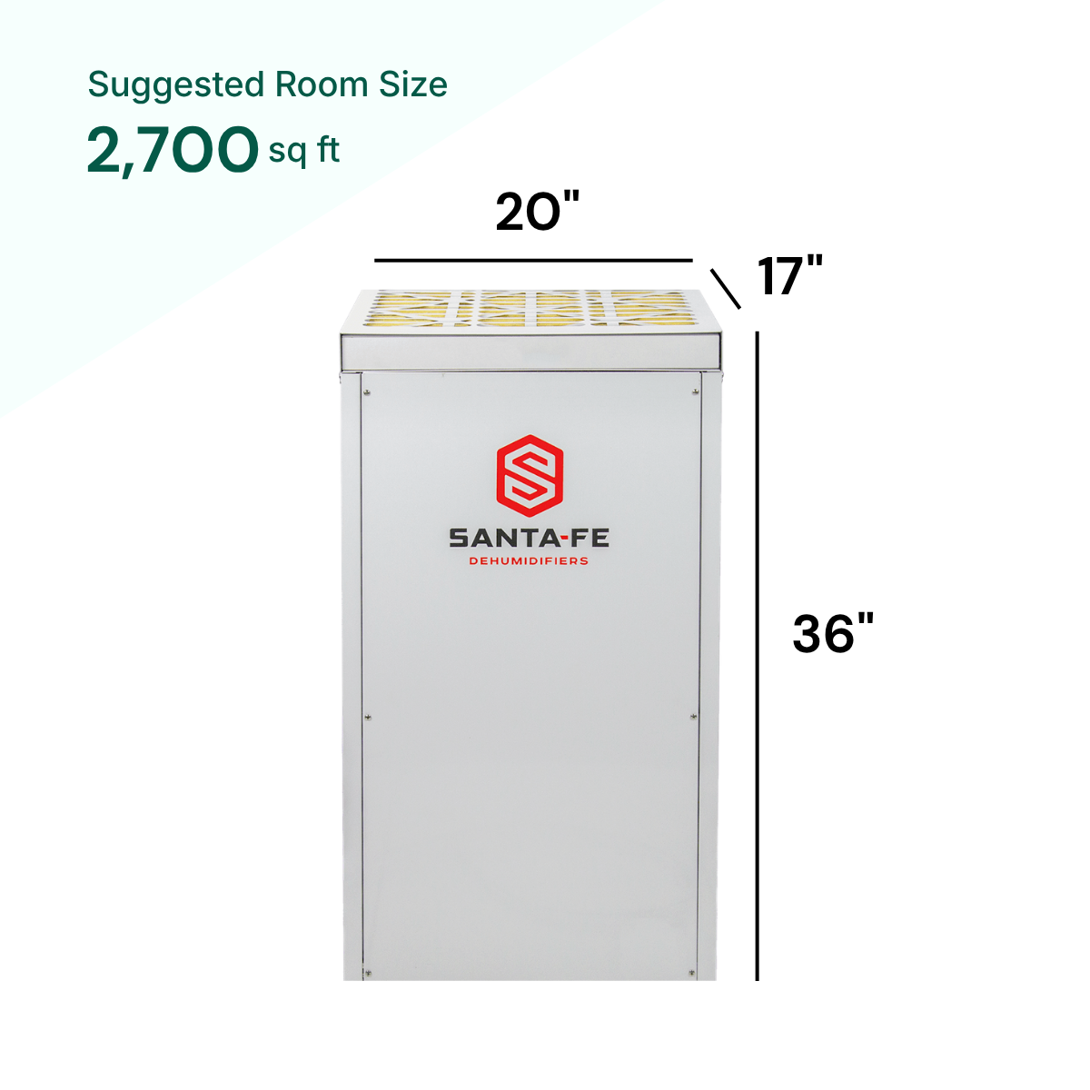 Santa Fe Classic Dehumidifier suggested room size 2700 sq ft