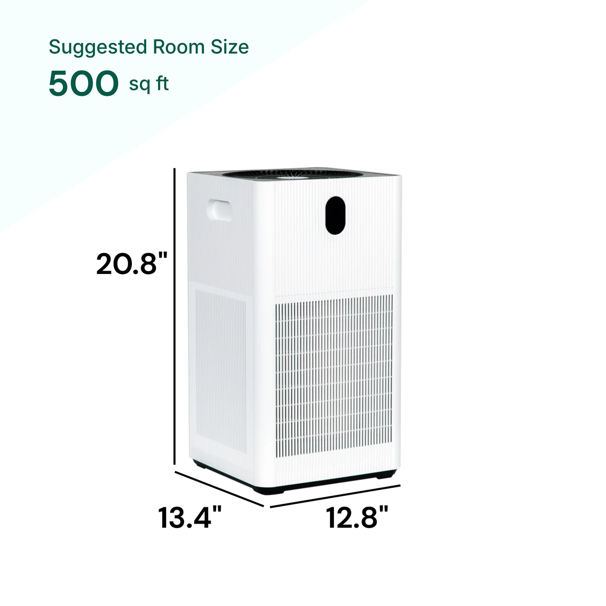 Air purifier with dimensions labeled on a white background