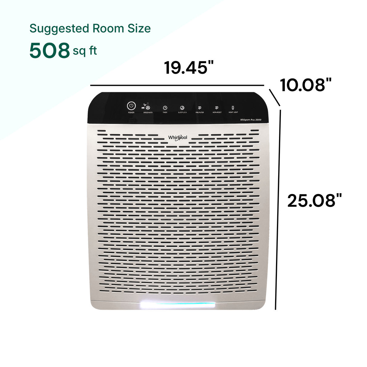 Air purifier with dimensions labeled on a white background