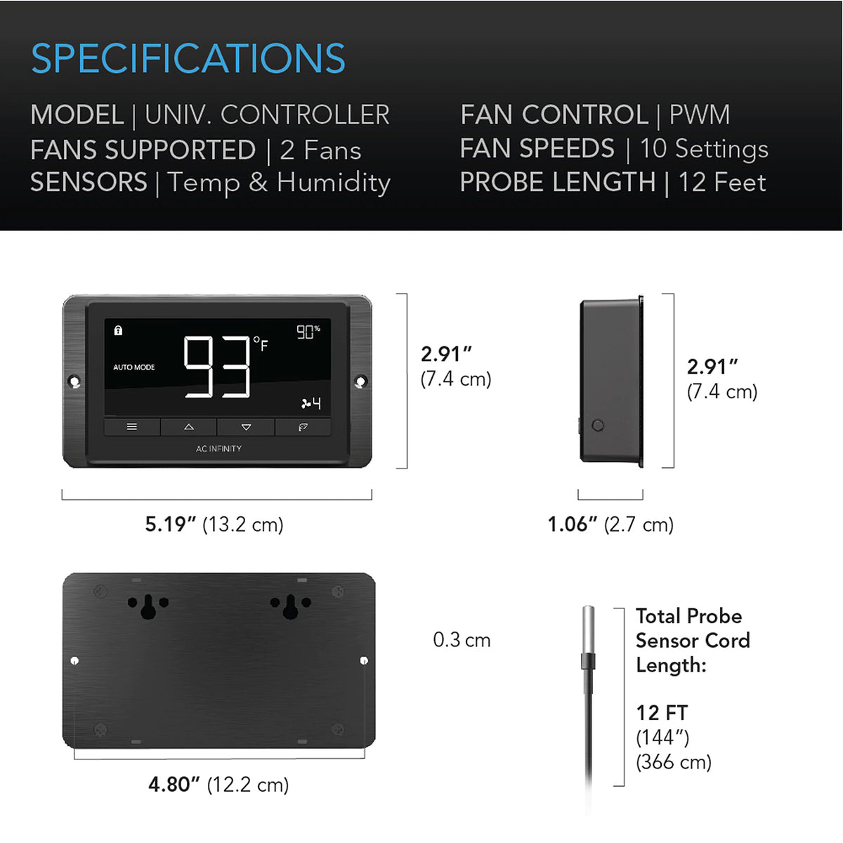 Ac Infinity Airtitan T7 Basement Ventilation Fan Controller Dimensions