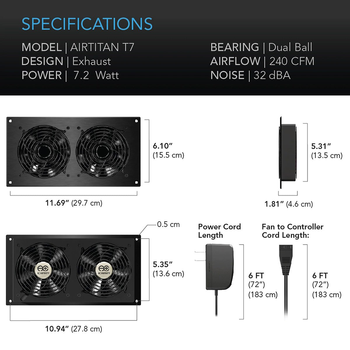 AC Infinity AIRTITAN T7 12-In Ventilation Fan w/ Temperature & Humidity Controller