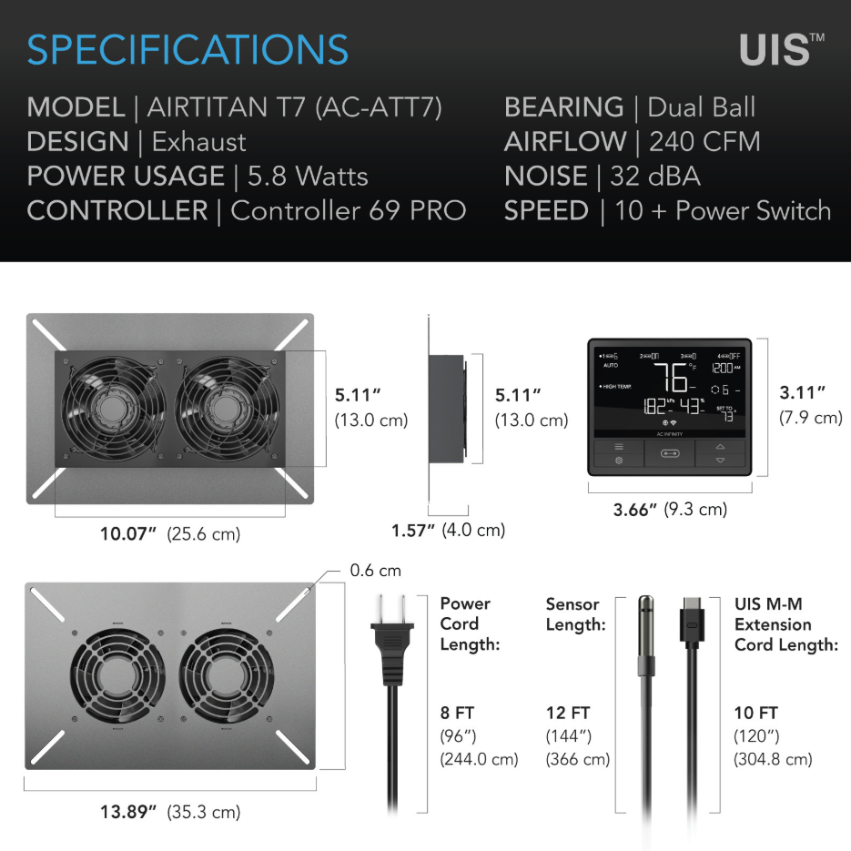 AC Infinity AIRTITAN T7 12-In Ventilation Fan w/ Temperature & Humidity Controller