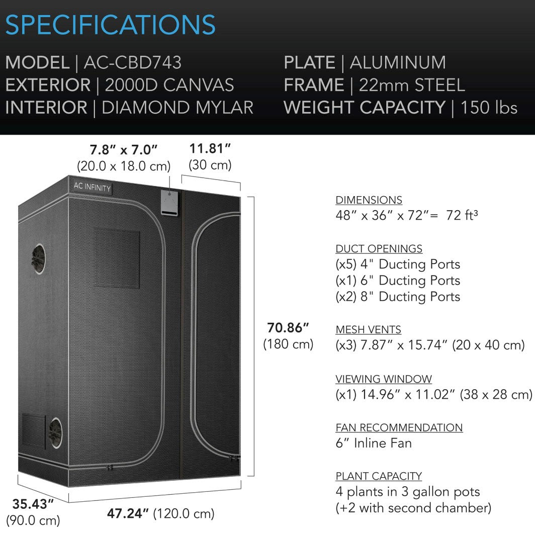 AC Infinity CLOUDLAB 864D 80-Inch Grow Tent - Specs