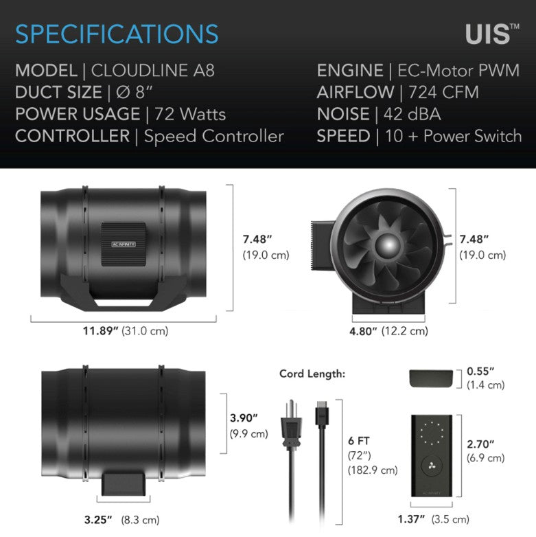 AC Infinity CLOUDLINE Lite A8 8-In. Inline Duct Fan - Specs