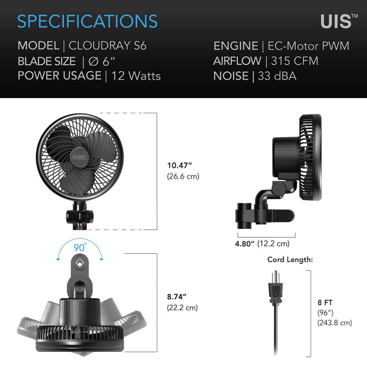AC Infinity CLOUDRAY 10-Speed Grow Tent Clip Fan - 6-In. Auto - Specs