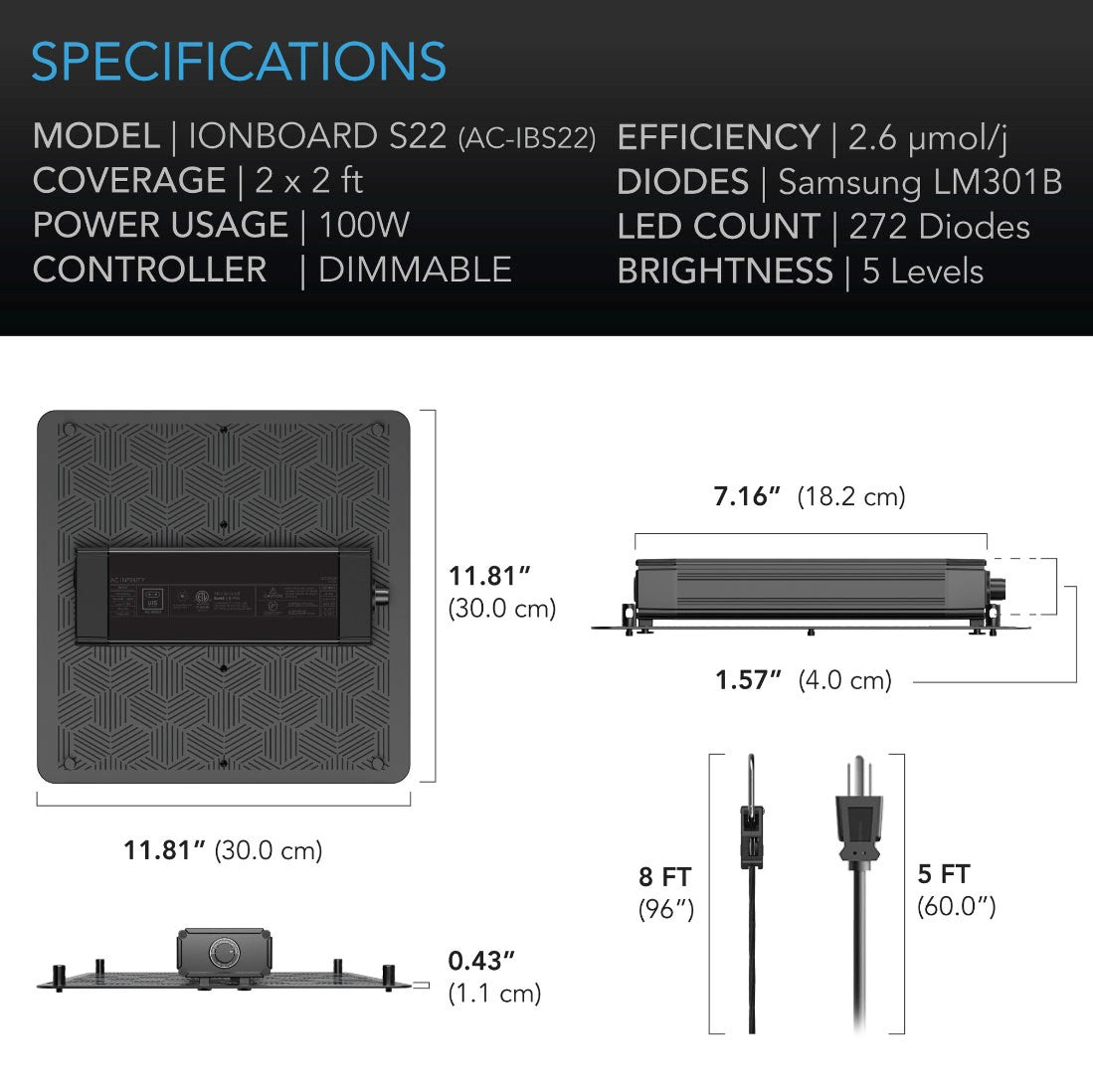 AC Infinity IONBOARD Full Spectrum LED Grow Light - 100W (2'x2') - Specs