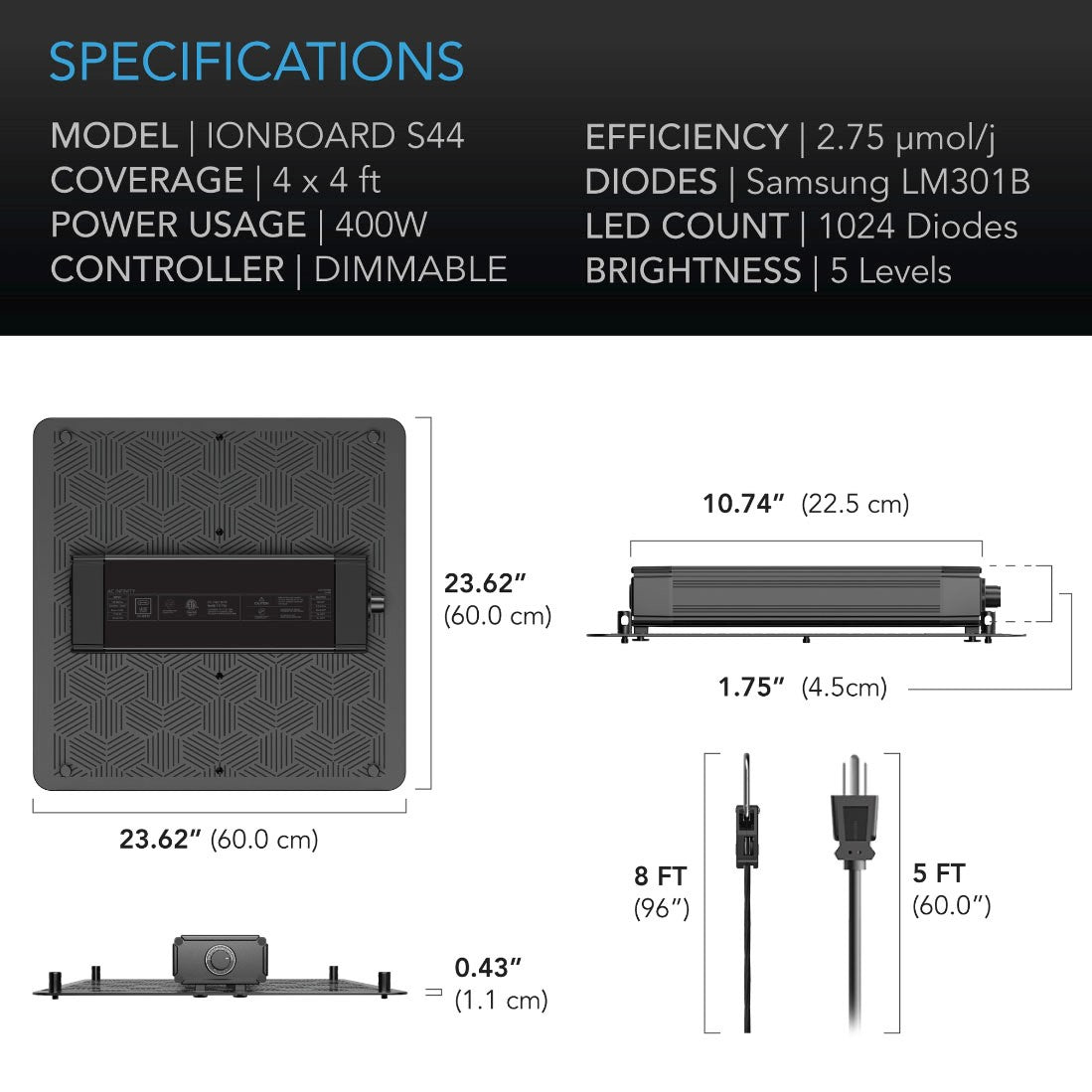 AC Infinity IONBOARD Full Spectrum LED Grow Light - 400W (4'x4') - Specs
