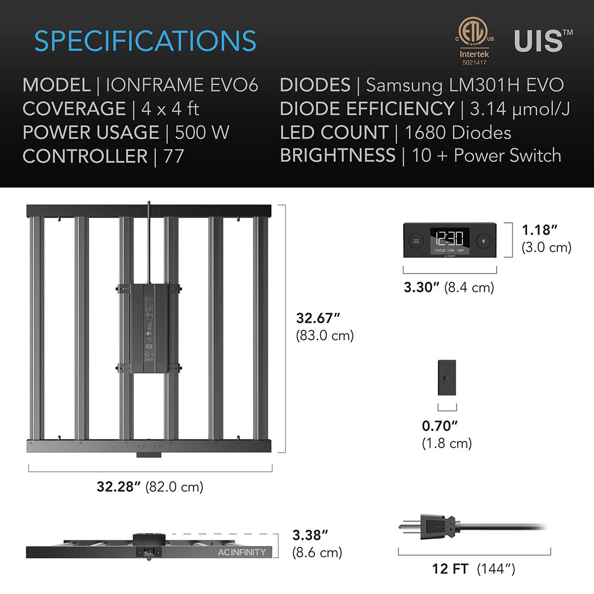 AC Infinity IONFRAME EVO Commercial LED Grow Light - 500w - Spec Sheet