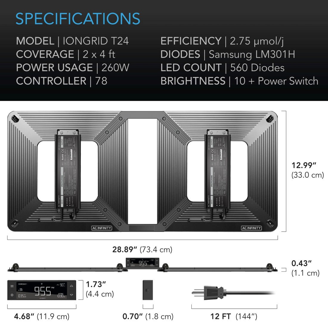 AC Infinity IONGRID T-Series Full Spectrum LED Grow Light - T24 (2-ft x 4-ft) - Specs