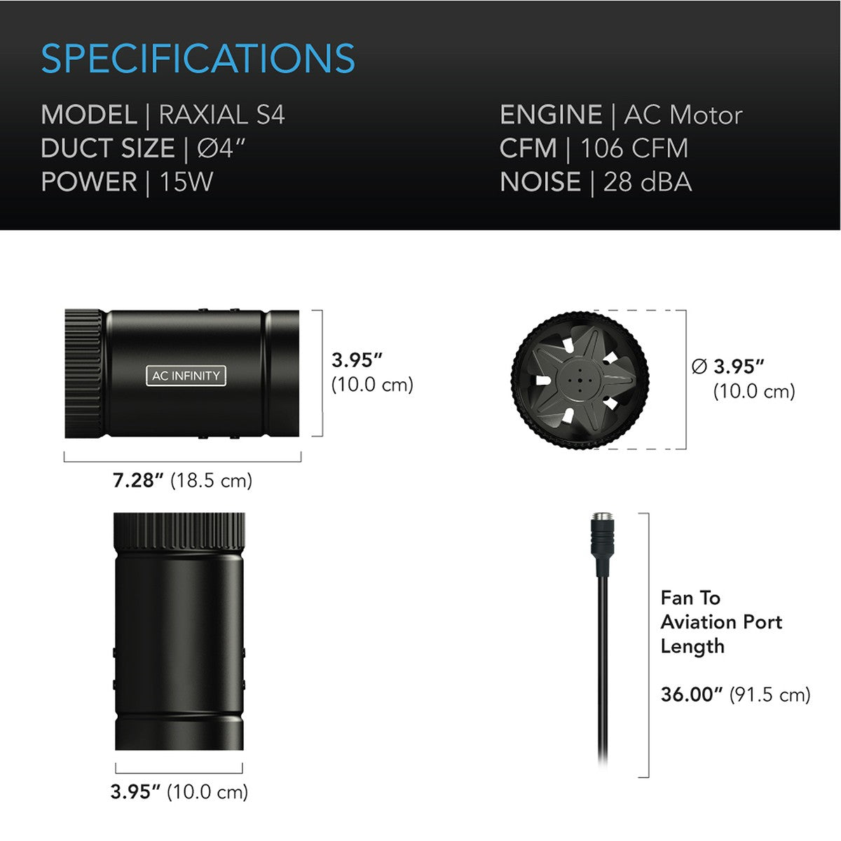 AC Infinity Raxial Inline Duct Booster Fan w/Speed Controller 4" - Specs