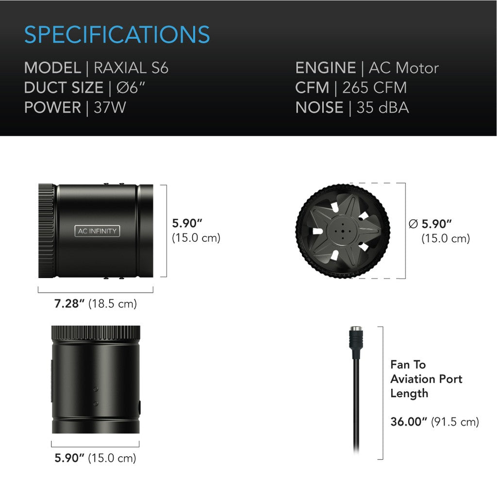 AC Infinity Raxial Inline Duct Booster Fan w/Speed Controller 6" - Specs