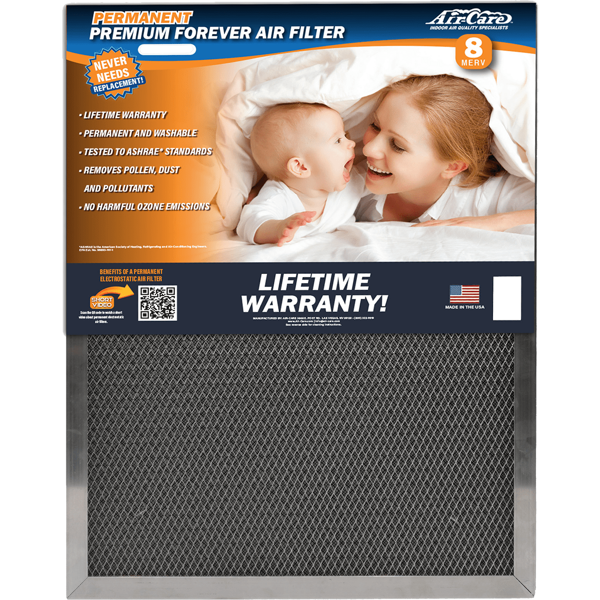 Air-Care 6-In. Deep Permanent Electrostatic Washable MERV 8 Air Filter - Front View