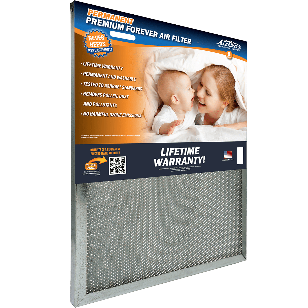 Air-Care 20-In. Wide Permanent Electrostatic Washable 1-In. Deep MERV 8 Air Filter - Angle