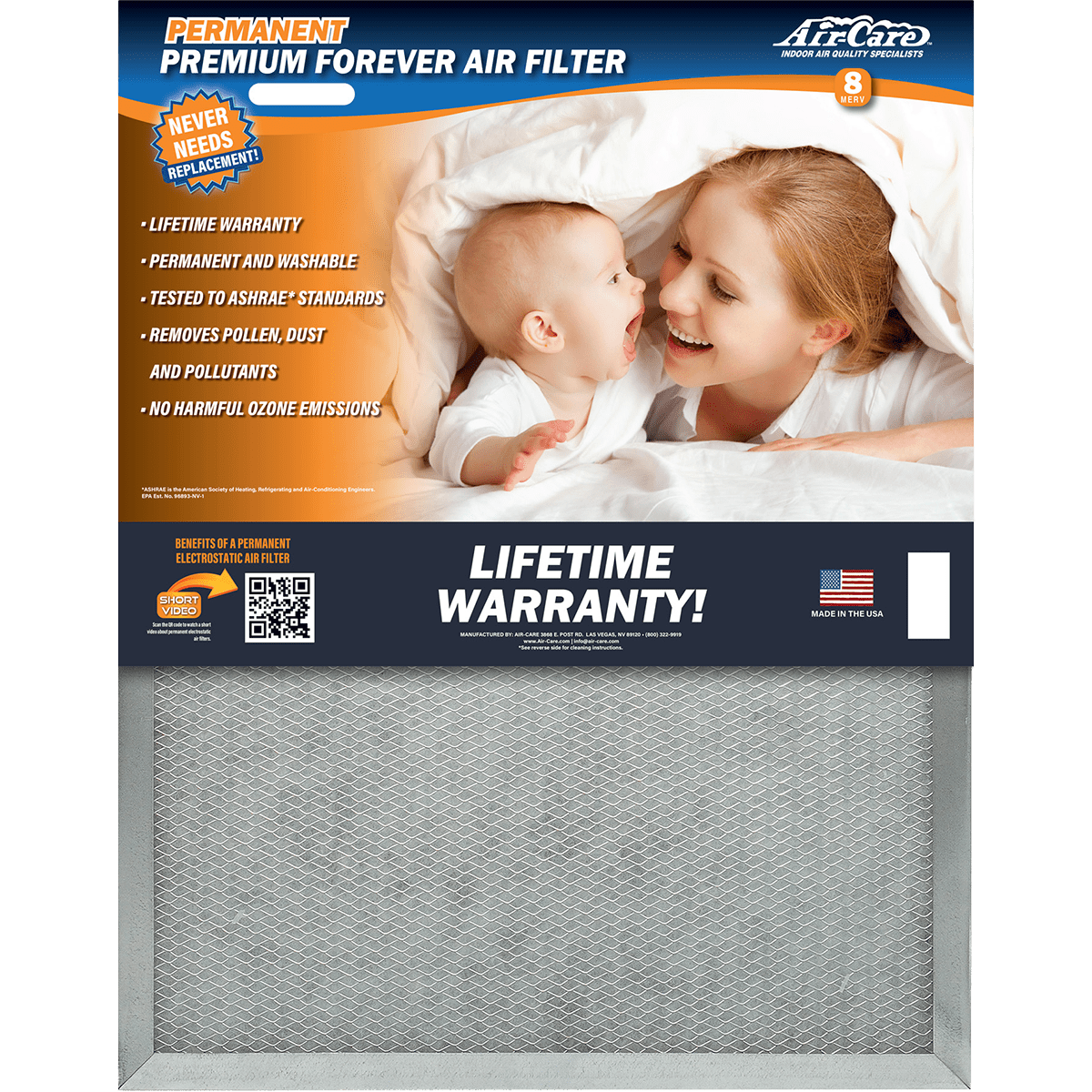 Air-Care 20-In. Wide Permanent Electrostatic Washable 1-In. Deep MERV 8 Air Filter - Main