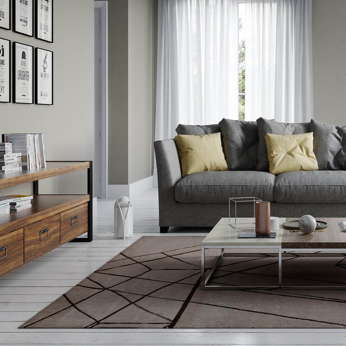 AirFree T Portable Air Purifier - on floor by couch in living room