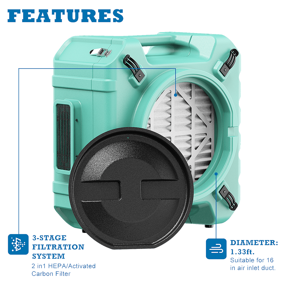AlorAir PureAiro HEPA Pro 770 Air Scrubber - 3-stage filtration system and 16-inch air duct.