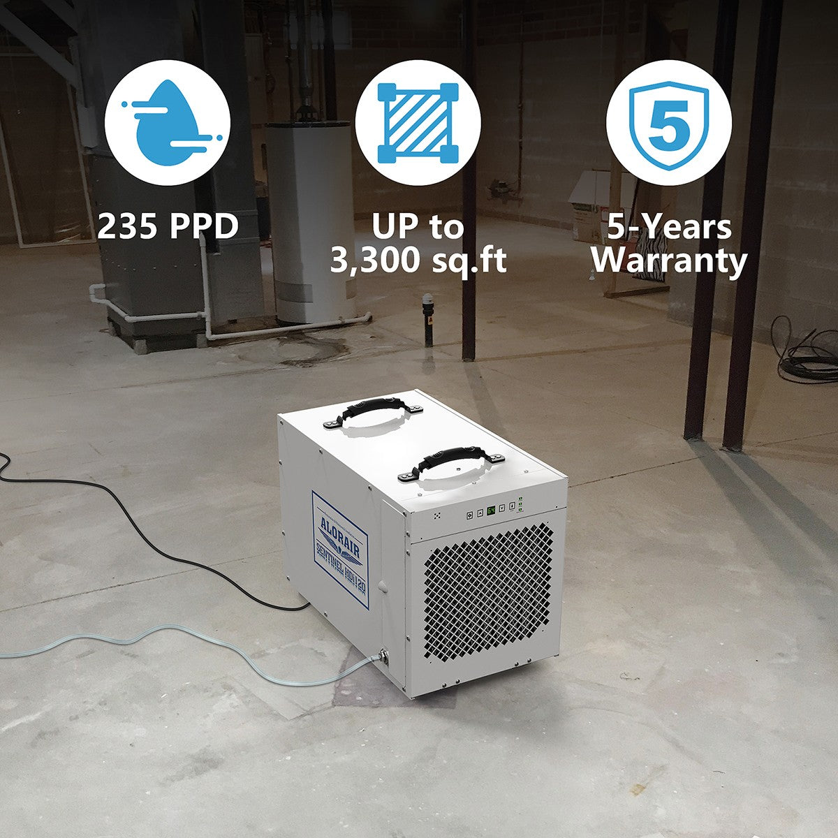AlorAir Sentinel 120 Pint Whole Home, Crawl Space & Basement Dehumidifier - Infographic