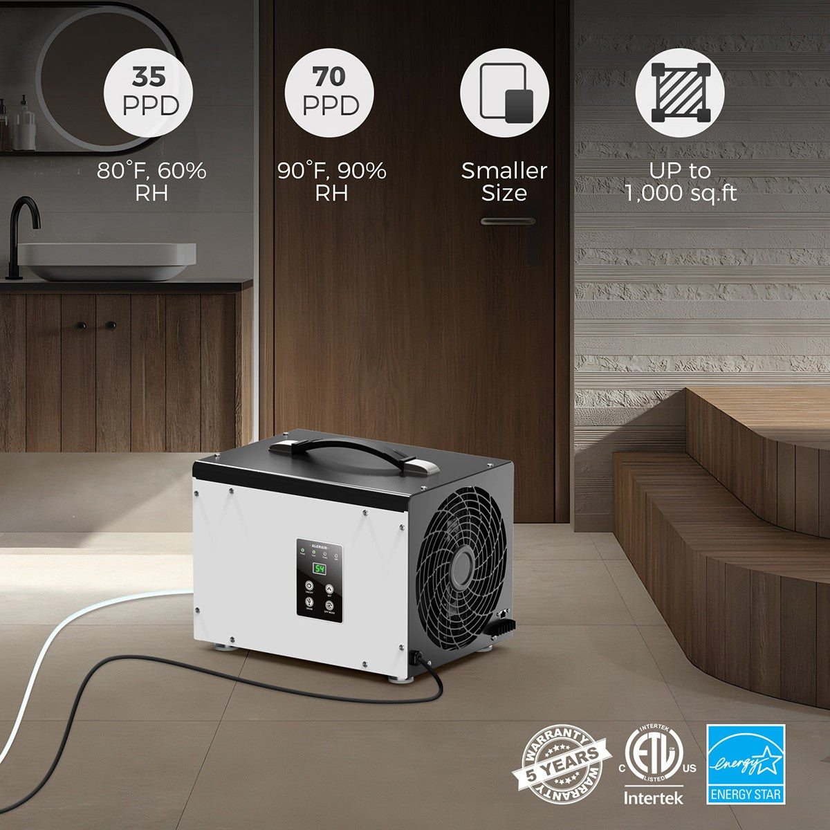 AlorAir Sentinel 35 Pint at AHAM Dehumidifier for Crawl Spaces or Basements Up to 1,000 Sq. Ft. - Features 2