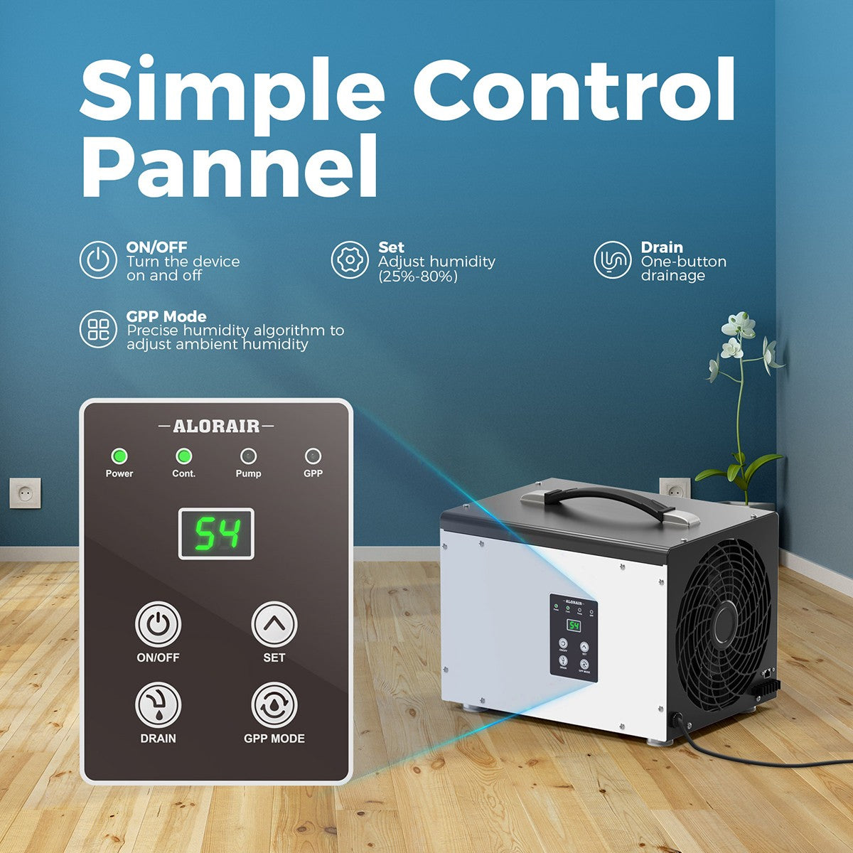 AlorAir Sentinel 35 Pint at AHAM Dehumidifier for Crawl Spaces or Basements Up to 1,000 Sq. Ft. - Control Panel