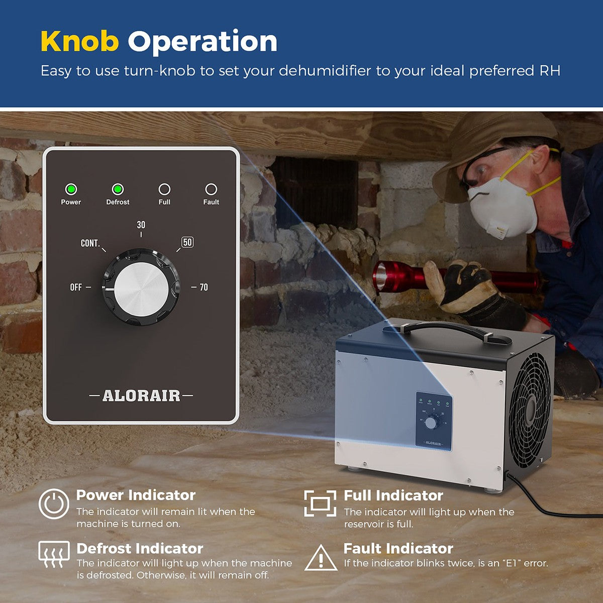 AlorAir Sentinel 35 Pint at AHAM Dehumidifier for Crawl Spaces or Basements Up to 1,000 Sq. Ft. - Without Pump - Controls