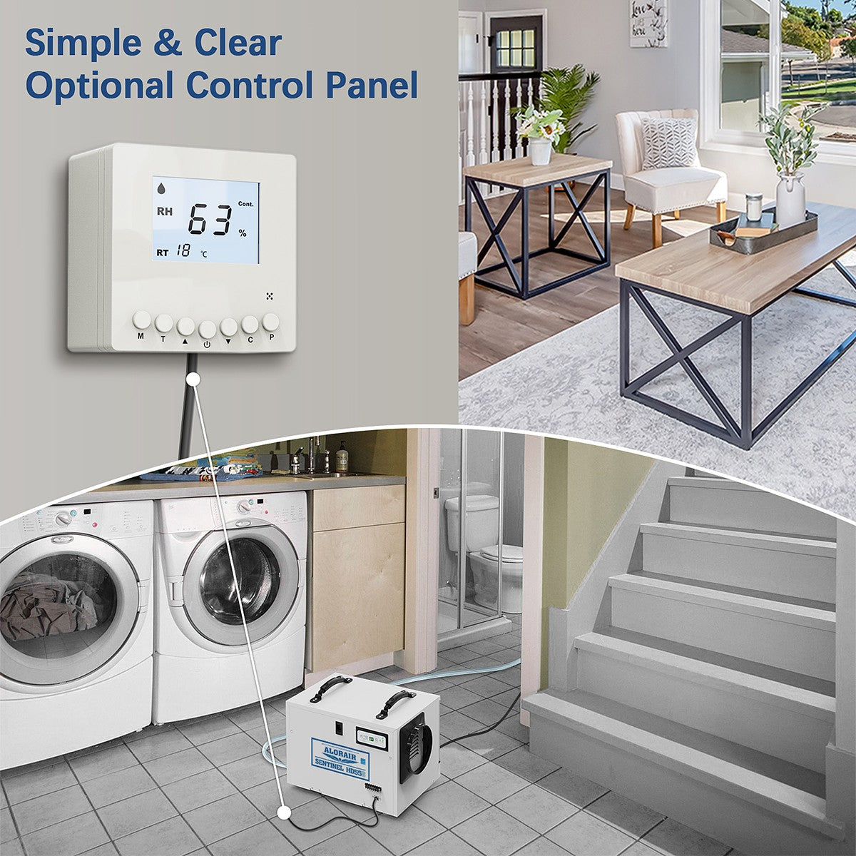 AlorAir Sentinel 55 Pint at AHAM Dehumidifier With Drain Hose for Crawl Spaces or Basements Up to 1,300 Sq. Ft., White - Control Panel