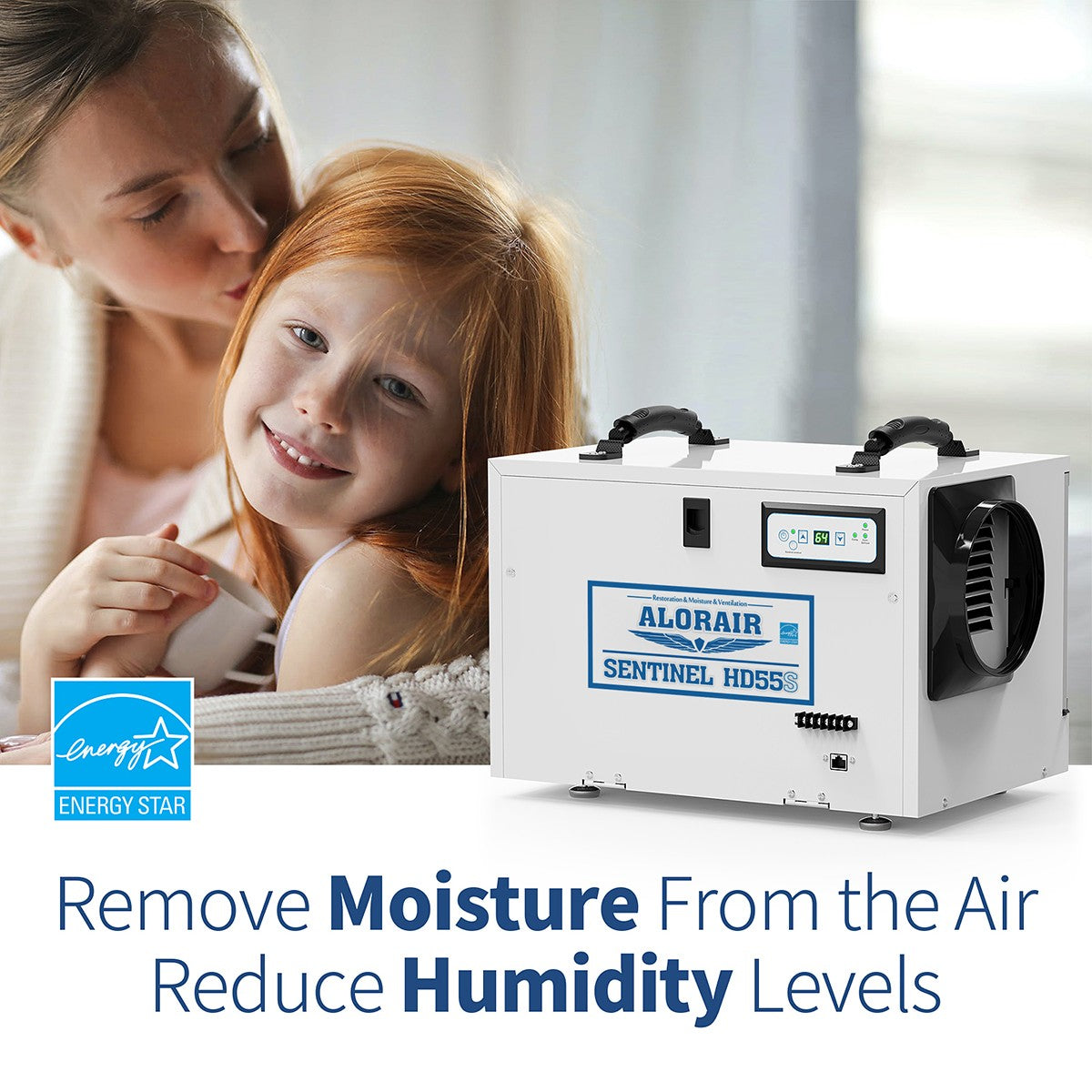 AlorAir Sentinel 55 Pint at AHAM Dehumidifier With Drain Hose for Crawl Spaces or Basements Up to 1,300 Sq. Ft., White - Moisture