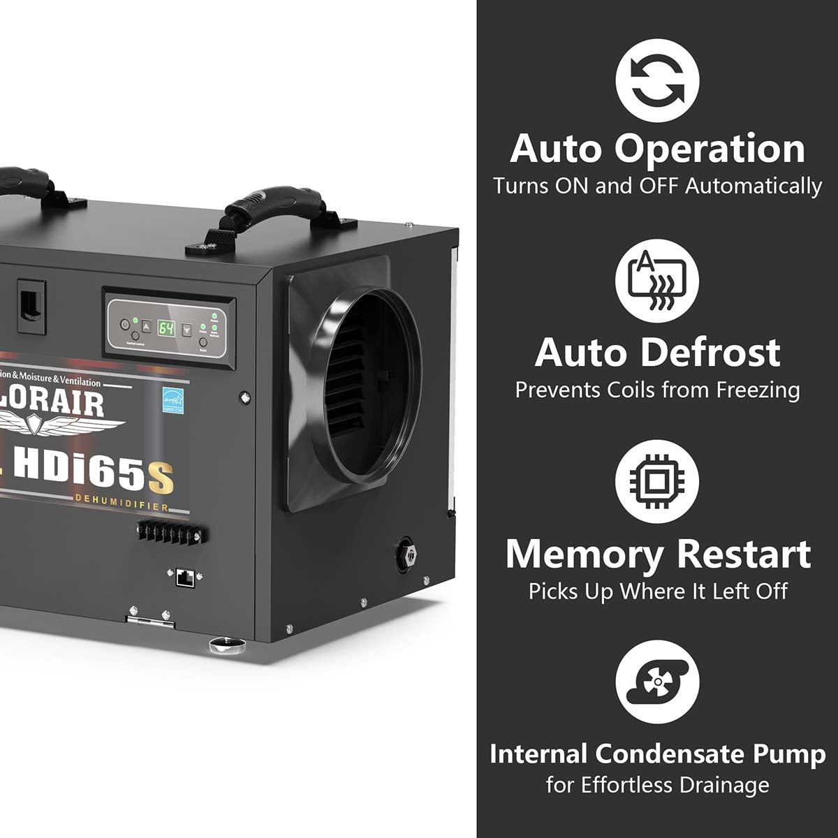 AlorAir Sentinel 55 Pint at AHAM Dehumidifier With Pump for Crawl Spaces or Basements Up to 1,300 Sq. Ft., Black - Features